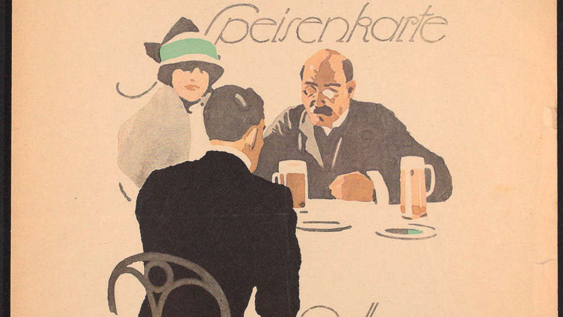 Das Menü des Bürgerbräus mit einer eleganten Tischszenen-Zeichnung (1922).