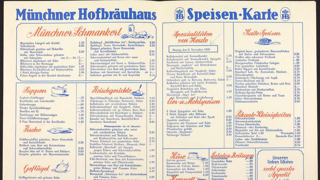 Gespickter Rehrücken für 4,20 Mark. Das Innere der Speisekarte des Hofbräuhauses (1959).