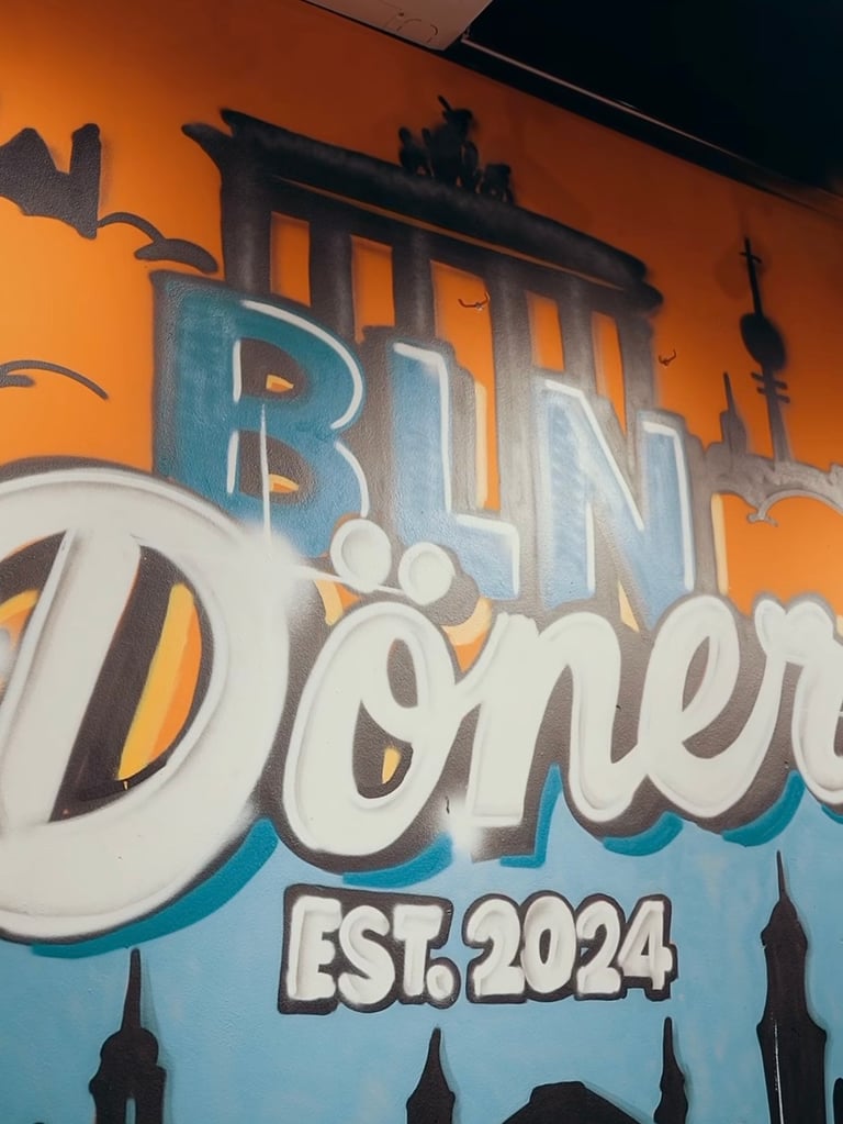 Colorful graffiti mural with orange and blue background, a city skyline, and large 'EST. 2024' text.