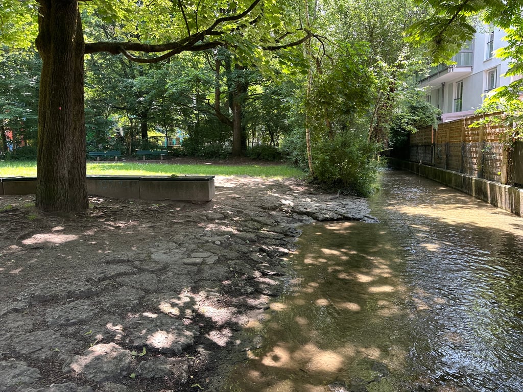 Shaded park with trees, a dirt path, and a small water channel along a beige building on the right; sunlight filters through leaves.
