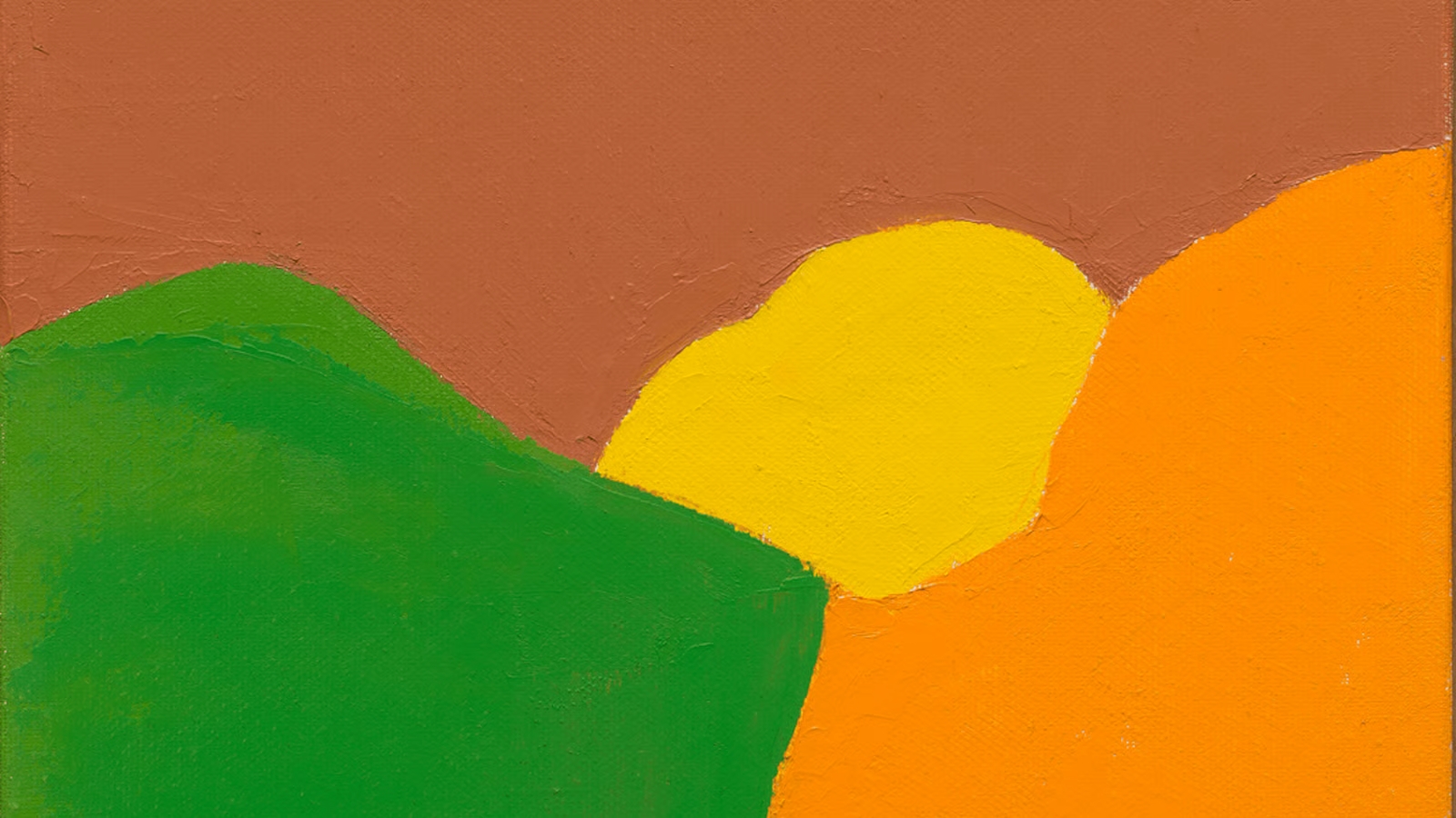Abstract landscape: green hill on the left, yellow hill in the middle, and orange hills on the right against a brown sky.