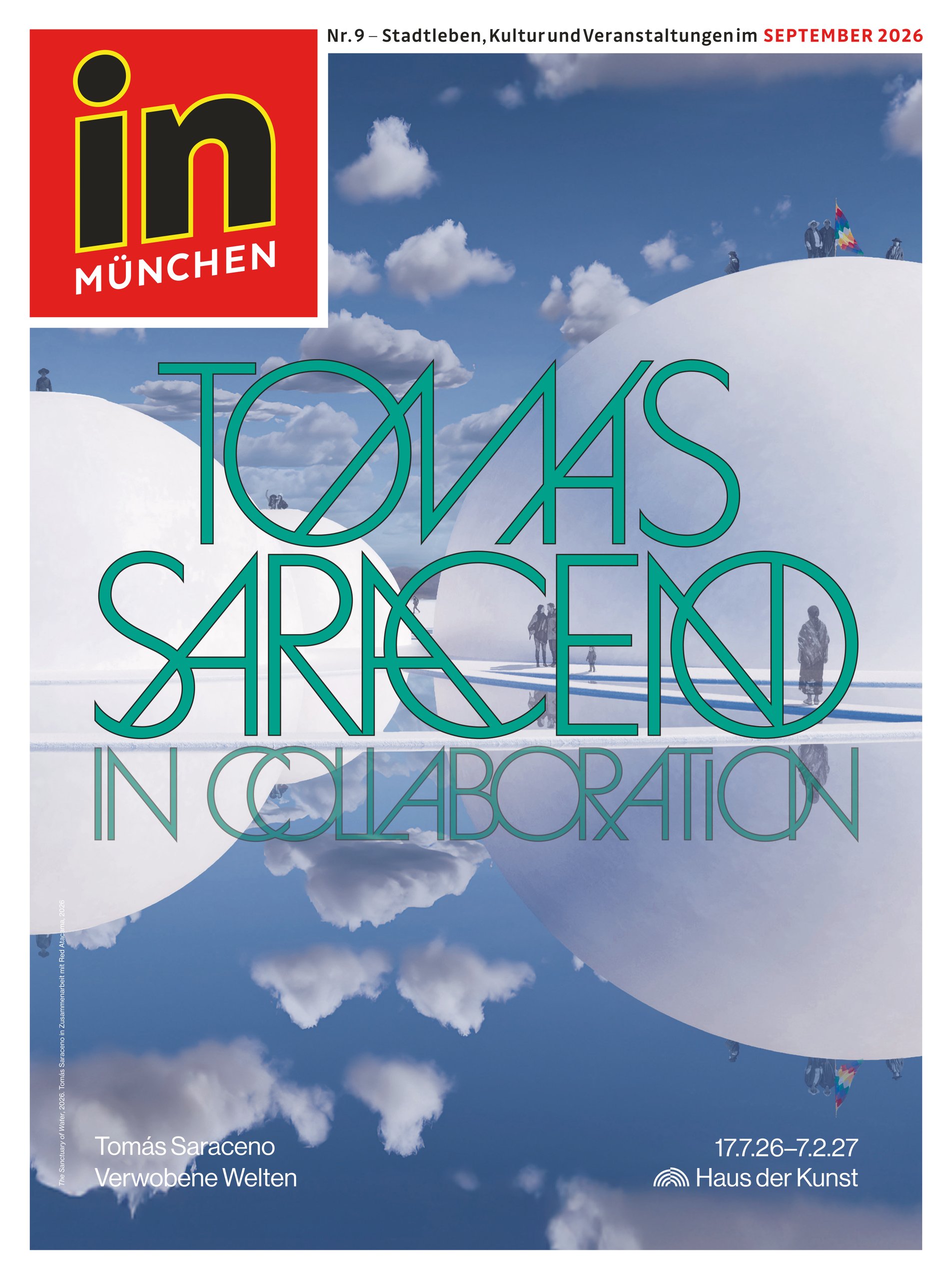 Poster for Tomás Saraceno's exhibition at Haus der Kunst, Munich, with a blue sky and bold turquoise lettering overlaid on white forms.