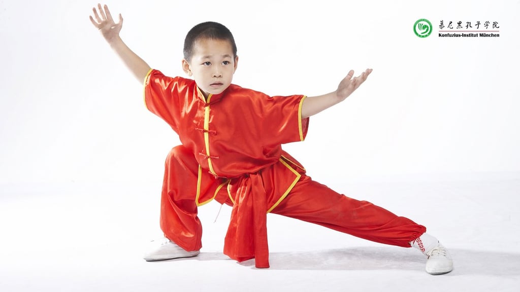 Child in red kung fu uniform performs a wide stance with arms extended against a white studio background; logo in top-right corner.