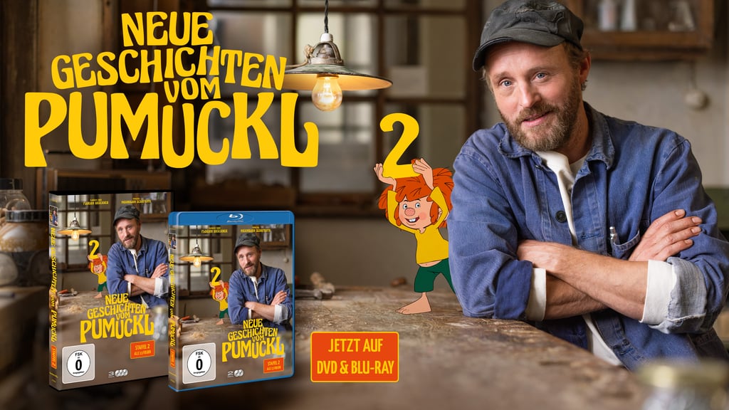 Promotional image for the film 'Neue Geschichten vom Dumickl 2' showing a man in a denim shirt left of center, cartoon character raising a 2, and Blu-ray/DVD boxes at the bottom with bold orange title text across the top.