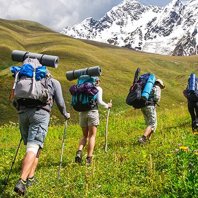 Group of hikers with large backpacks trekking across a grassy hillside toward snow-capped mountains, using trekking poles.