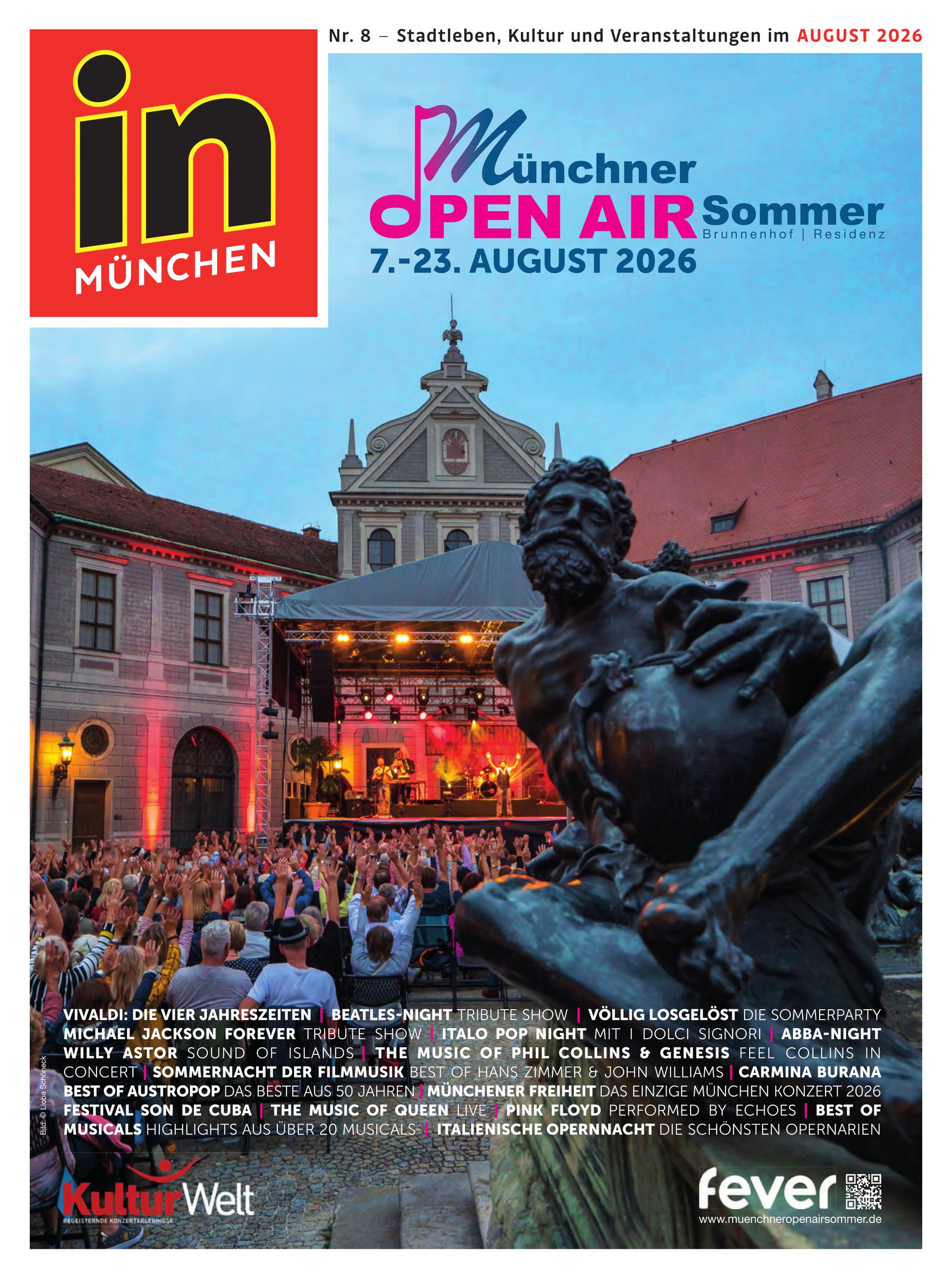 Poster advertising Münchner Open Air Sommer: red 'in München' logo top left, blue sky, stage with performers, and a large crowd with a statue in the foreground.
