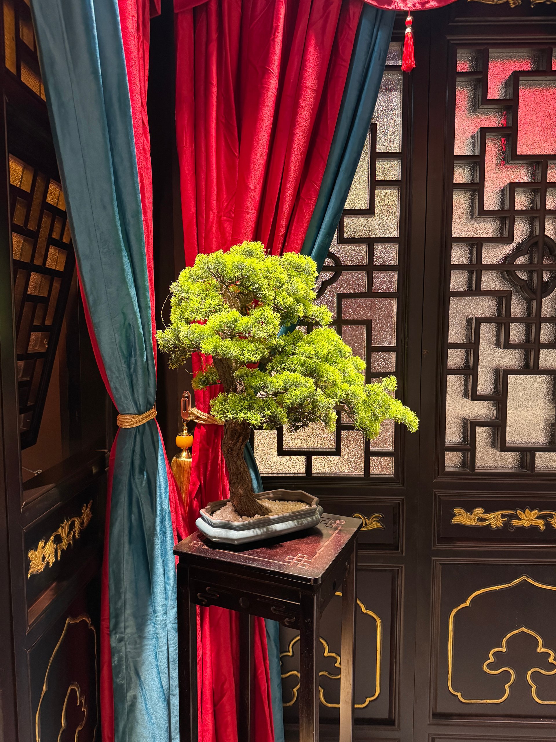 Potted bonsai tree on a black stand beside red and teal curtains with ornate dark wood lattice panel behind.
