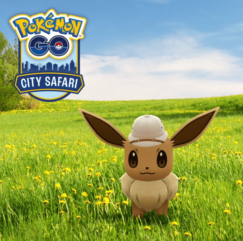 Eevee wearing a safari hat stands in a sunny meadow with yellow flowers, next to the Pokémon GO City Safari logo in the top-left corner.