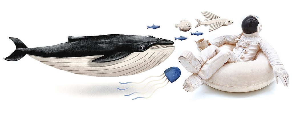 Whale figure gliding toward an astronaut lounging on a white inflatable chair, with small fish and jellyfish nearby.