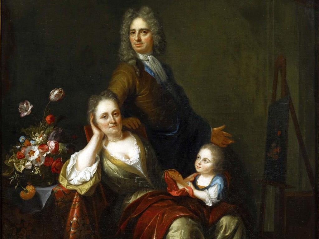 Juriaen Pool (1666–1745) und Rachel Ruysch (1664–1750), Selbstporträt von Juriaen Pool II mit seiner Frau Rachel Ruysch und dem gemeinsamen Sohn Joan Willem Pool, vor 1716