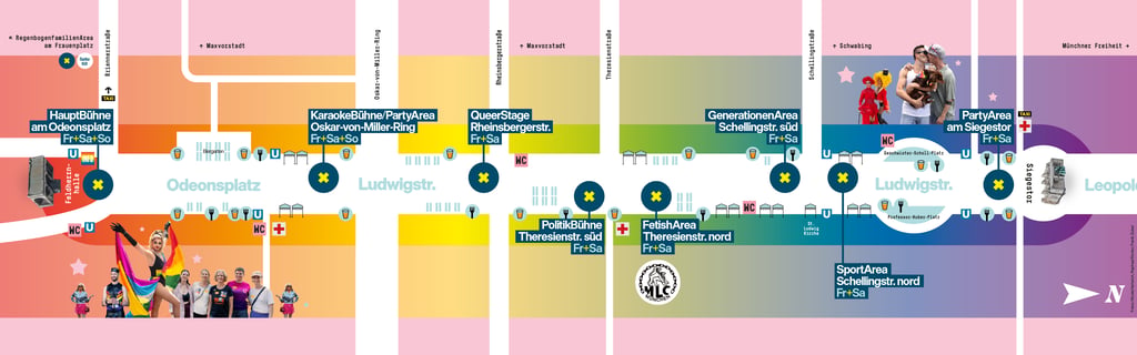 Colorful festival map showing stages, zones, and landmarks along a color-coded layout.