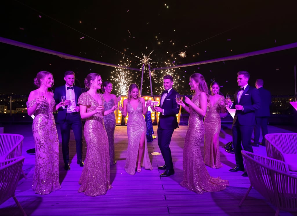 Group of people in formal gowns and suits toasting with drinks on a rooftop at night, fireworks in the background.