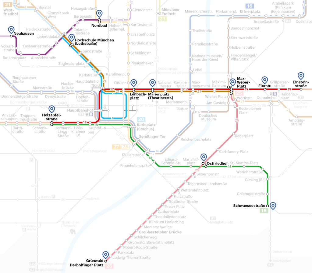 Section of a Munich transit map showing several colored lines and stations like Lenbachplatz, Marienplatz, Max-Weber-Platz, Einsteinstrasse near the city center.