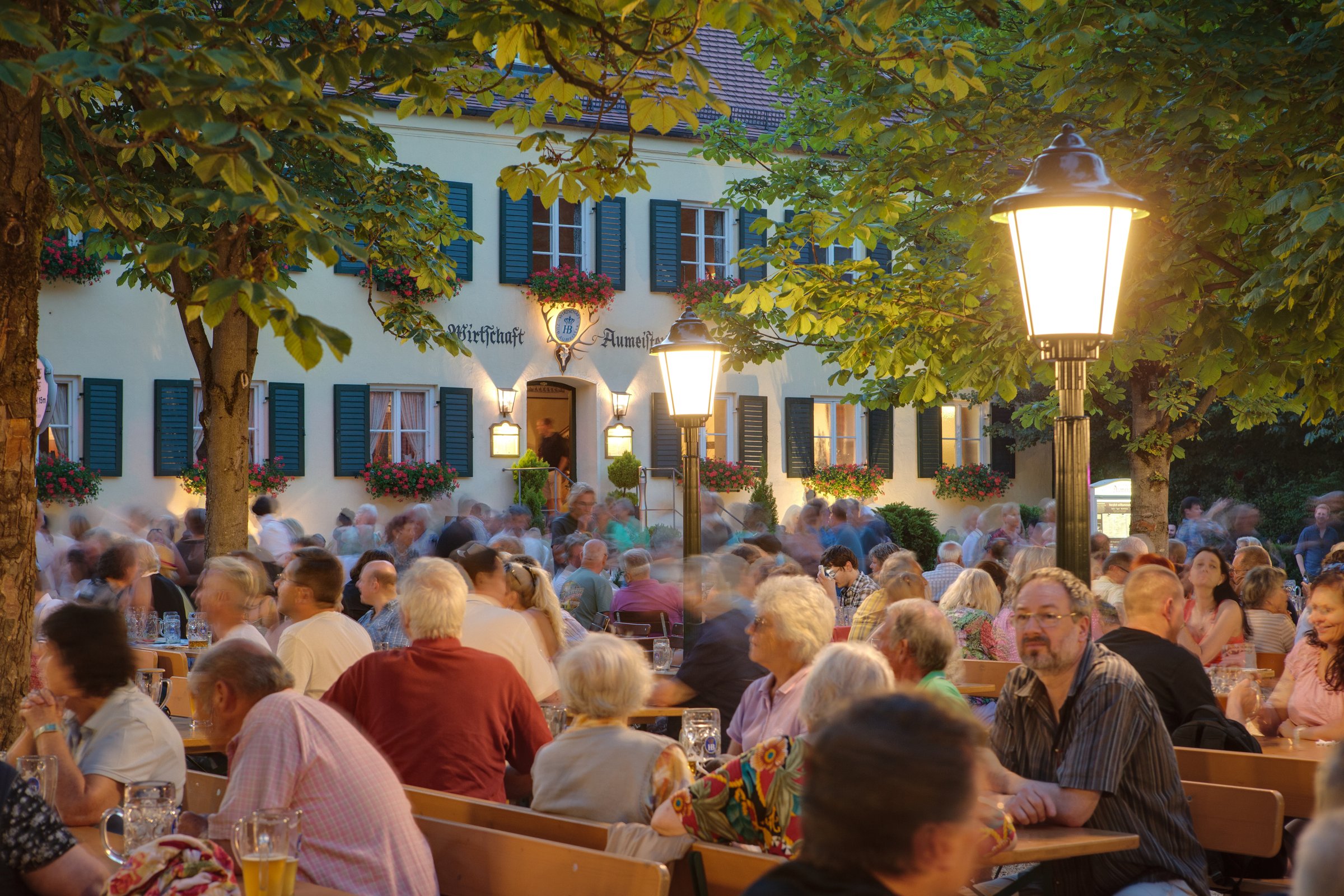 Gut besuchter Biergarten am Aumeister im Englischen Garten am Abend unter beleuchteten Kastanien