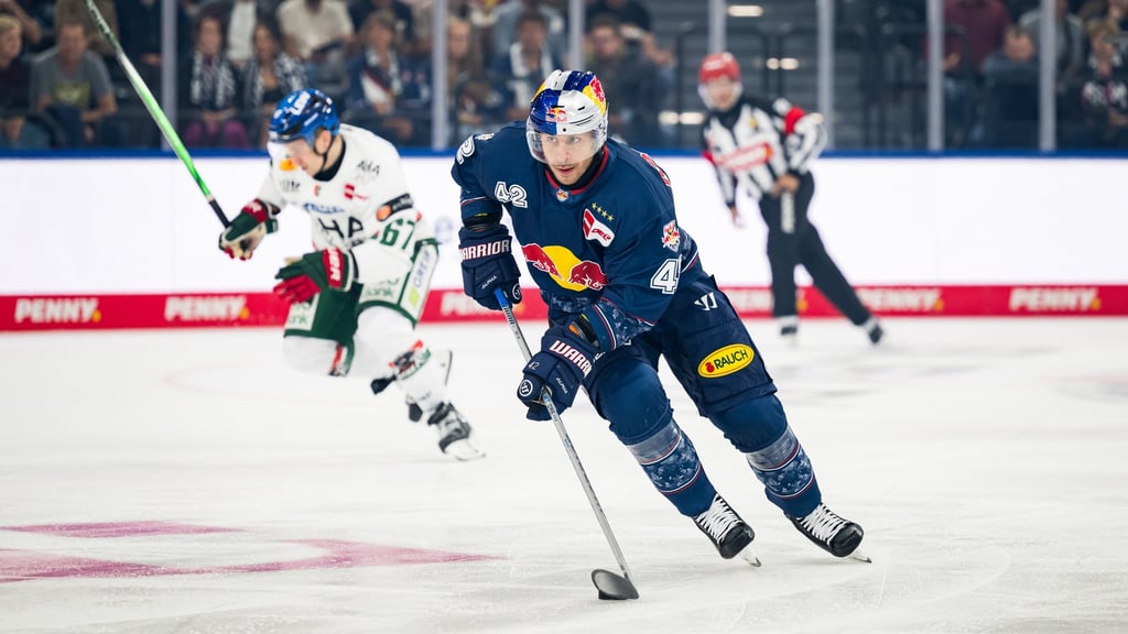 Spieler des EHC Red Bull München mit dem Puck bei einem Heimspiel im SAP Garden München