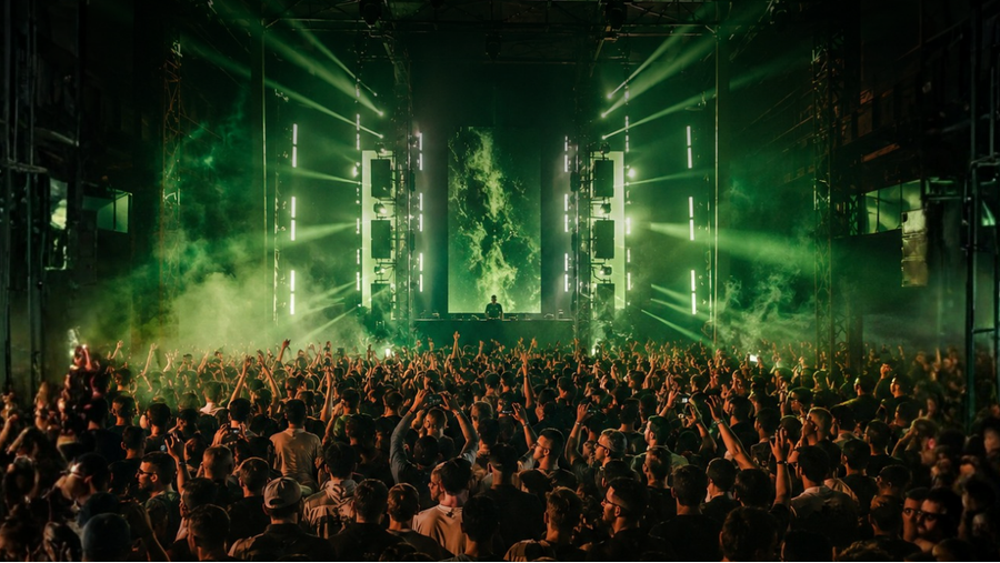 Crowd at a live concert with a DJ on a glowing stage and green laser lights filling the venue.