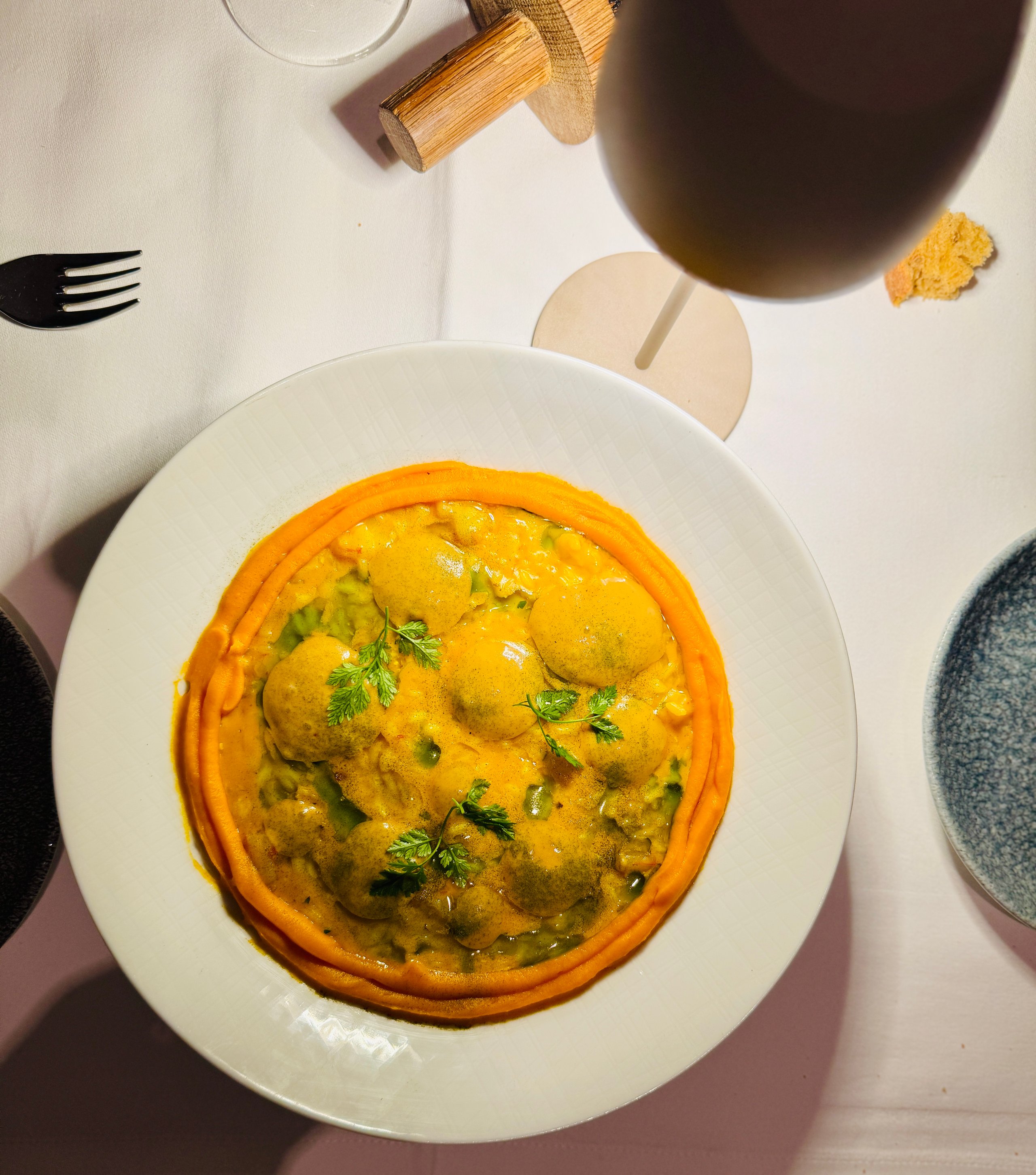 Kürbisrisotto mit roten Garnelen und Bisque