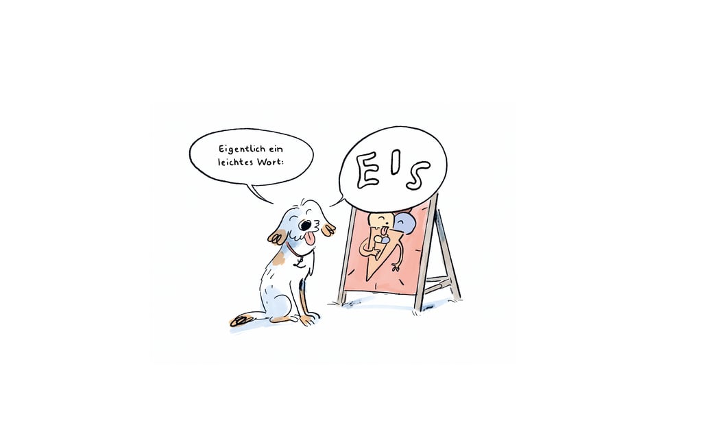 Comic scene: a white dog talks to a person on a pink easel, speech bubbles read'Eigentlich ein leichtes Wort:' and 'EIS'