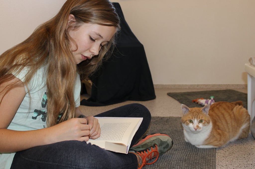 Girl reads a book on the floor while an orange cat sits nearby and looks toward the camera.