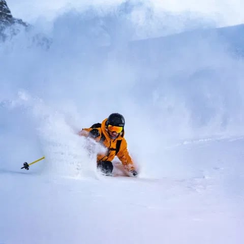 Skier in an orange jacket crouches in deep powder snow with a yellow ski pole nearby.