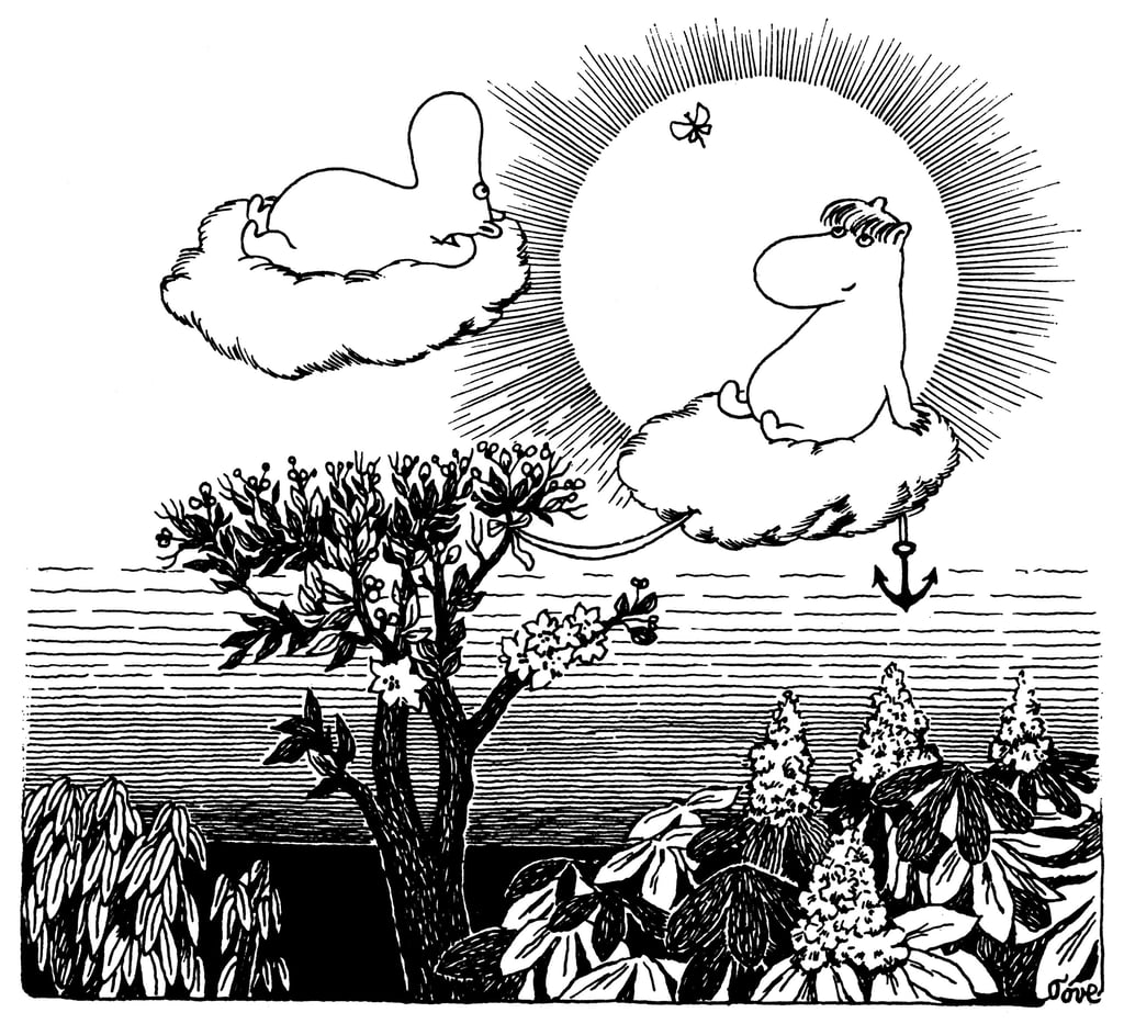 Whimsical black-and-white illustration of two friendly animals near water, with a large radiating sun and plants in front.