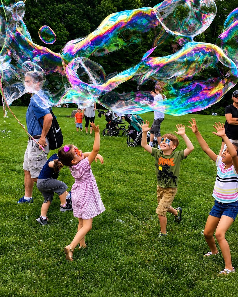 Group of kids in a park chasing large colorful bubbles with adults watching nearby on a grassy field
