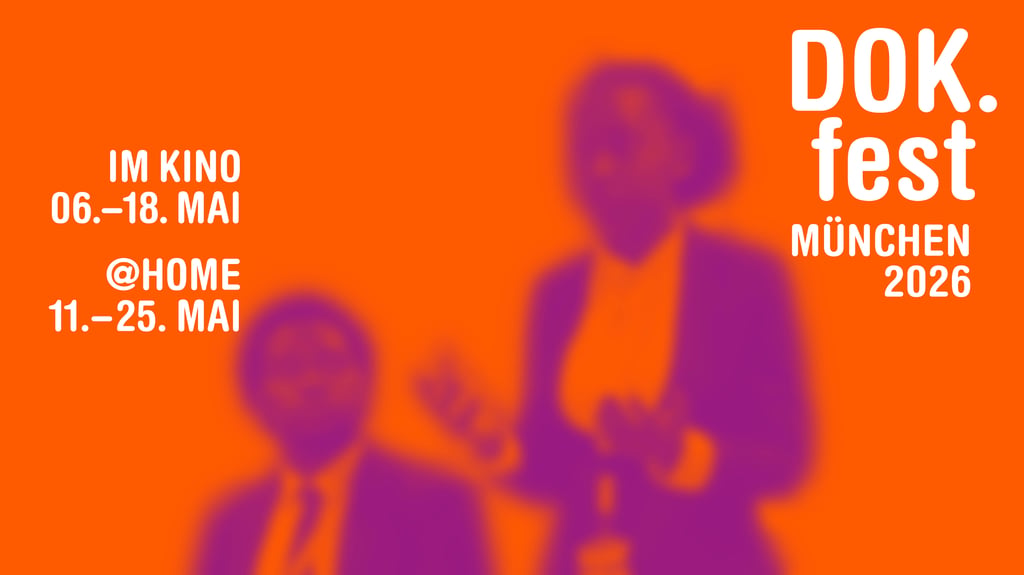 Event poster for DOK. test München 2026 with an orange background and purple figures; May dates shown (06–18 Mai, @Home 11–25 Mai).