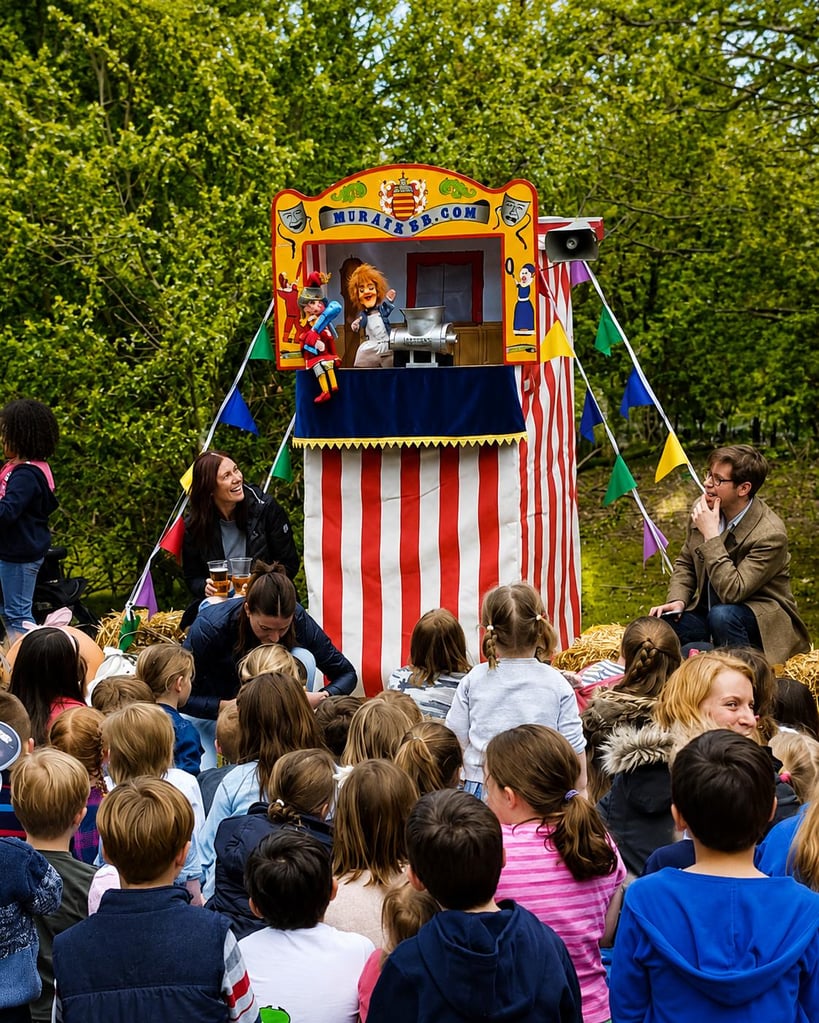 Puppet show on a striped red-and-white stage for a crowd of children outdoors, in a park.