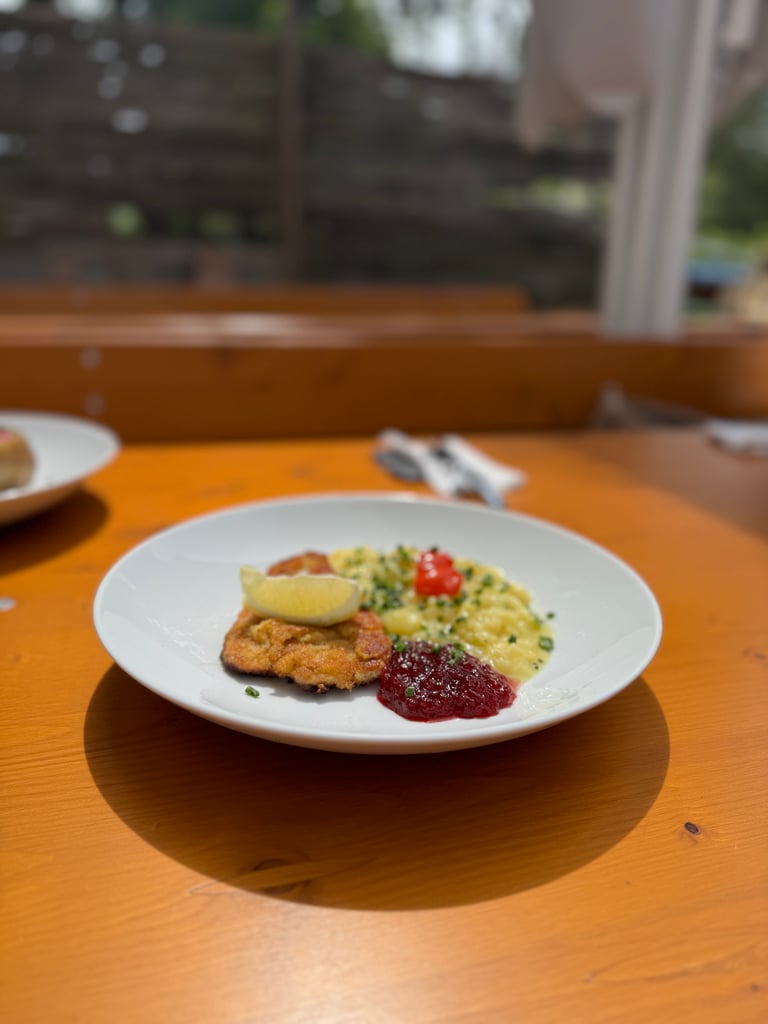 Plate with breaded fried chicken, lemon wedge, mashed potatoes with herbs, and a dollop of cranberry sauce on a wooden table; blurred outdoor background.