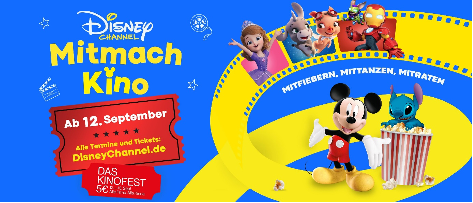 Disney Channel Mitmach Kino promo: blue and yellow banner with Mickey Mouse and friends on a curved film reel.