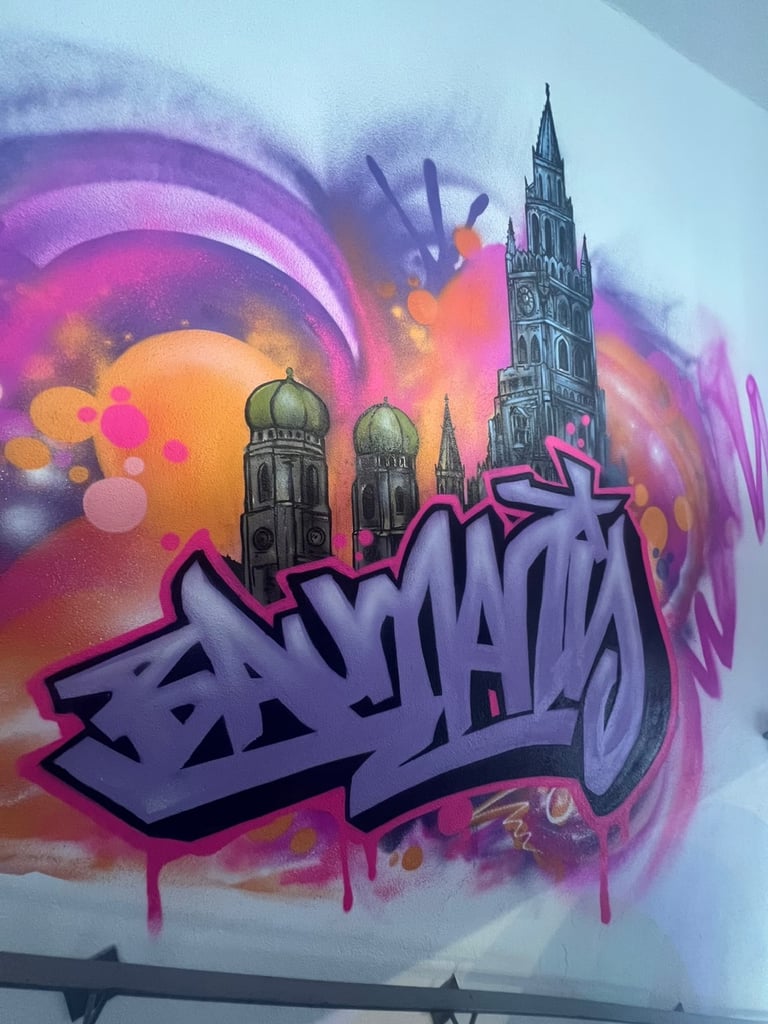 Colorful graffiti mural featuring a city skyline with domed towers and a tall gothic building, overlaid by bold purple street-art lettering.