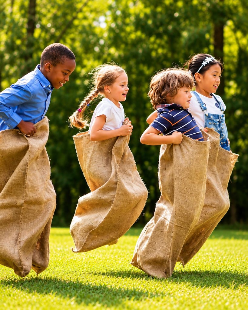 Children participate in a sack race on a sunny grassy field, smiling as they hop indoors in burlap sacks.