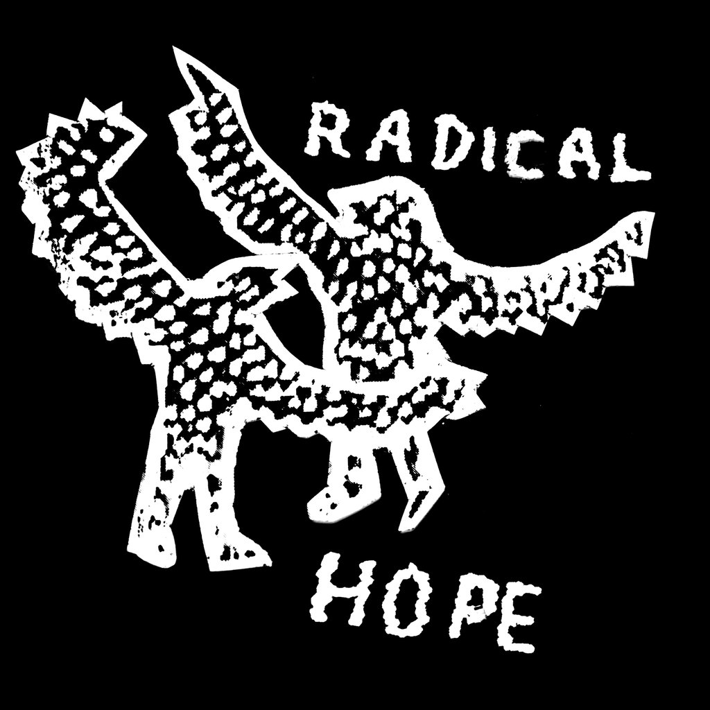 High-contrast graphic with the word 'RADICAL' in distressed, stencil-like letters and jagged shapes around it
