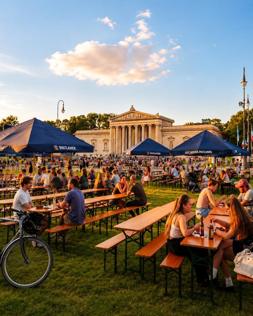 People at an outdoor beer festival seated at long wooden tables under blue tents in front of a historic neoclassical building at sunset.