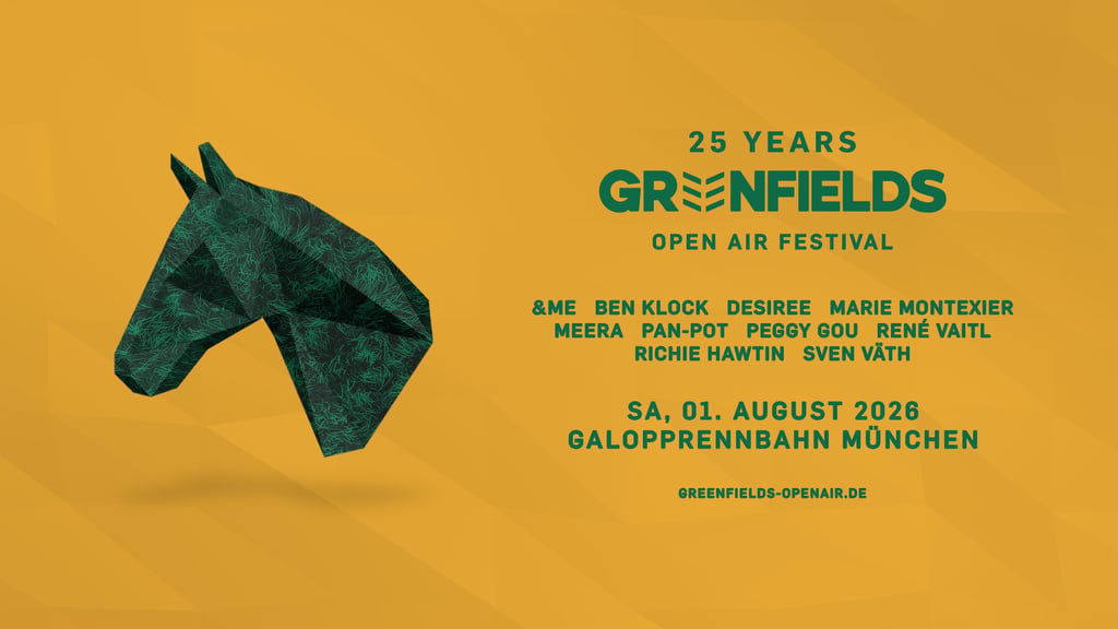 Teal geometric horse head on an orange poster announcing Greenfields Open Air Festival 25 years celebration.
