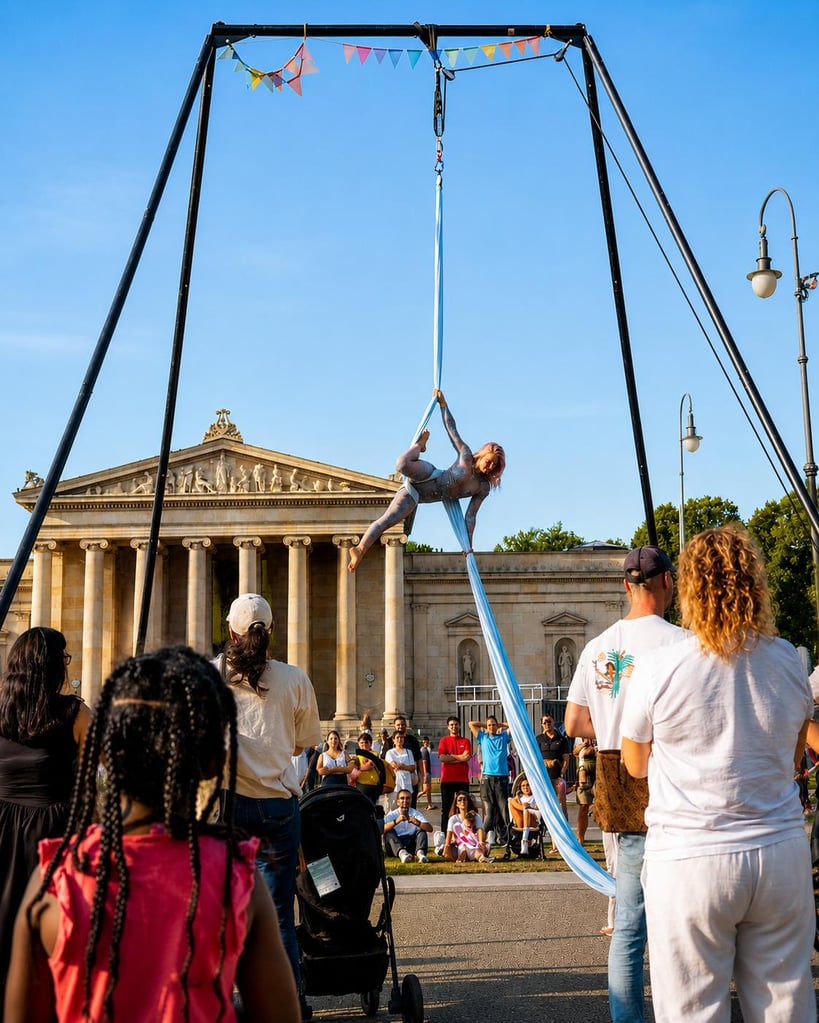 Aerialist performs on blue silks suspended from a tall frame at an outdoor festival, with spectators and a neoclassical building in the background.