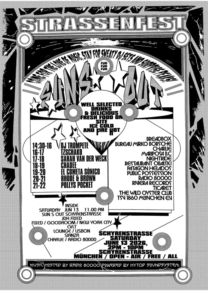 Poster for Strassenfest with bold title, circular logo, and a performer schedule for Saturday June 13, 2026 in Munich.