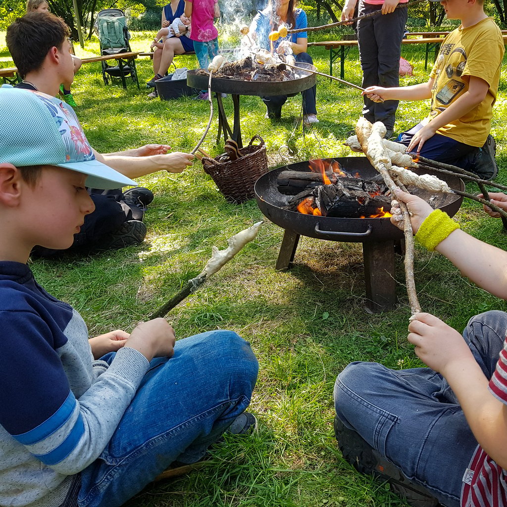 Children sit on the grassy ground around a campfire, roasting marshmallows on sticks in a sunny park.