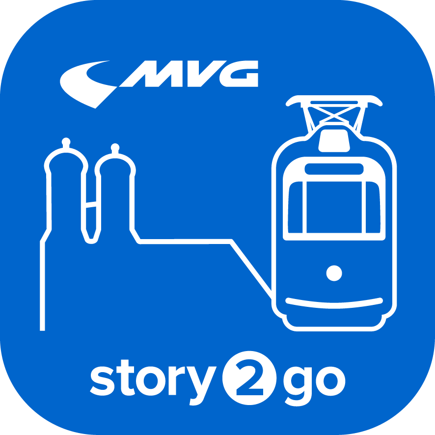 Blue app icon featuring a white train outline, MVG logo, and the text 'story2go'