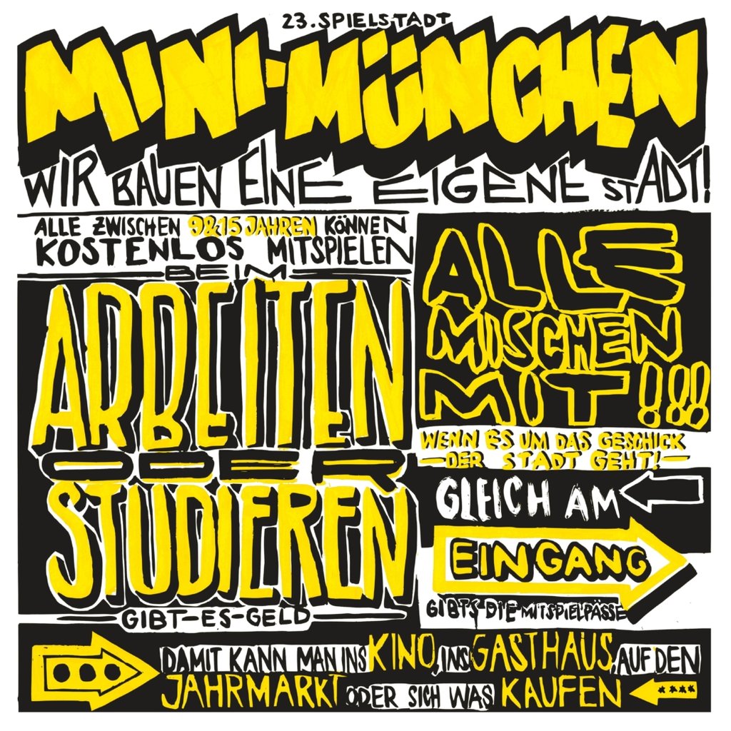 Colorful poster advertising 'Mini-München,' a youth city-building event. Large yellow lettering on black, with arrows and German slogans about working, studying, and the town.