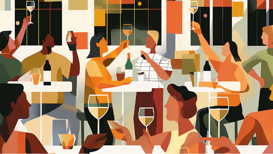 Stylized illustration of diverse people at a dinner party, raising wine glasses in a toast.