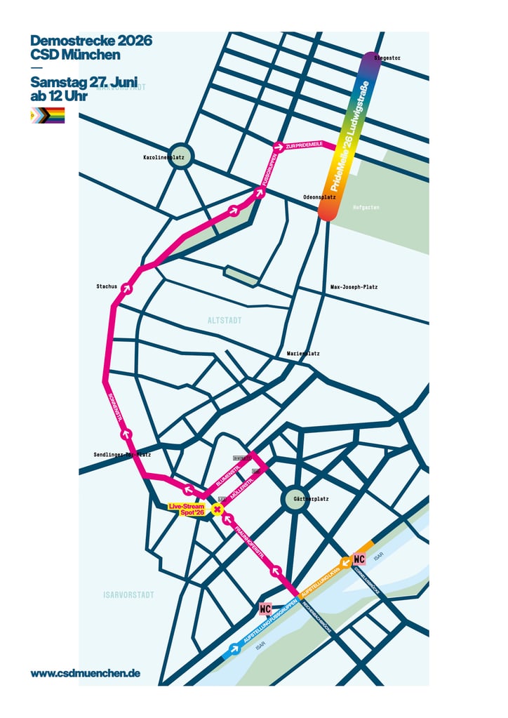 Informational map for CSD München 2026 showing the pink parade route through central Munich, with key streets and stations and the event URL www.csdmuenchen.de.