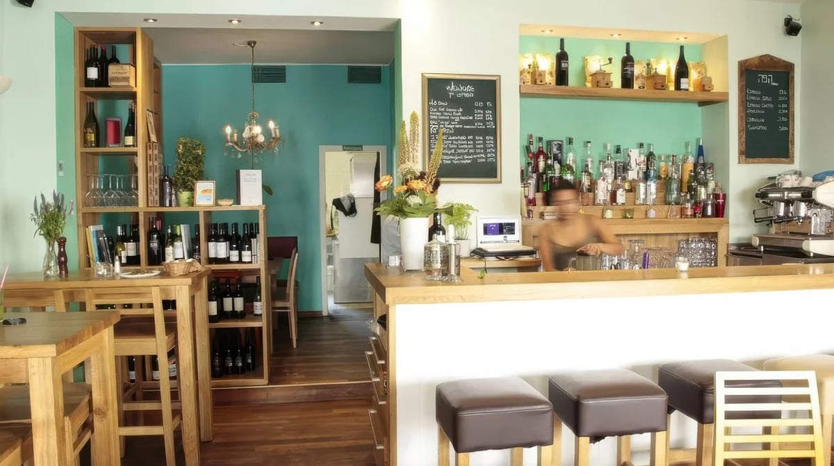 Gastraum mit Holztischen, Bar und Weinregal im Nana in Haidhausen