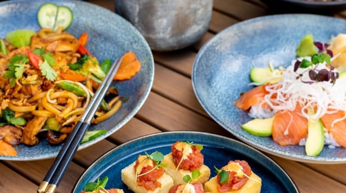 Gebackener Tofu mit Thunfischtatar, Salat und Nudeln auf einem Tisch im Zento