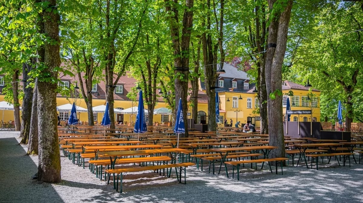 Biergarten der Menterschwaige mit langen Bierbänken unter hohen Kastanien, im Hintergrund das gelbe Gutshaus