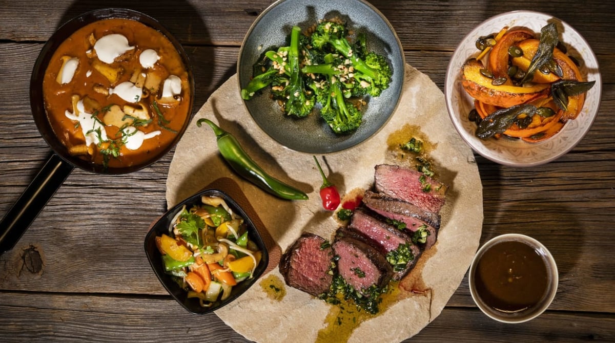 Gegrilltes Filet mit Beilagen auf einem Holztisch