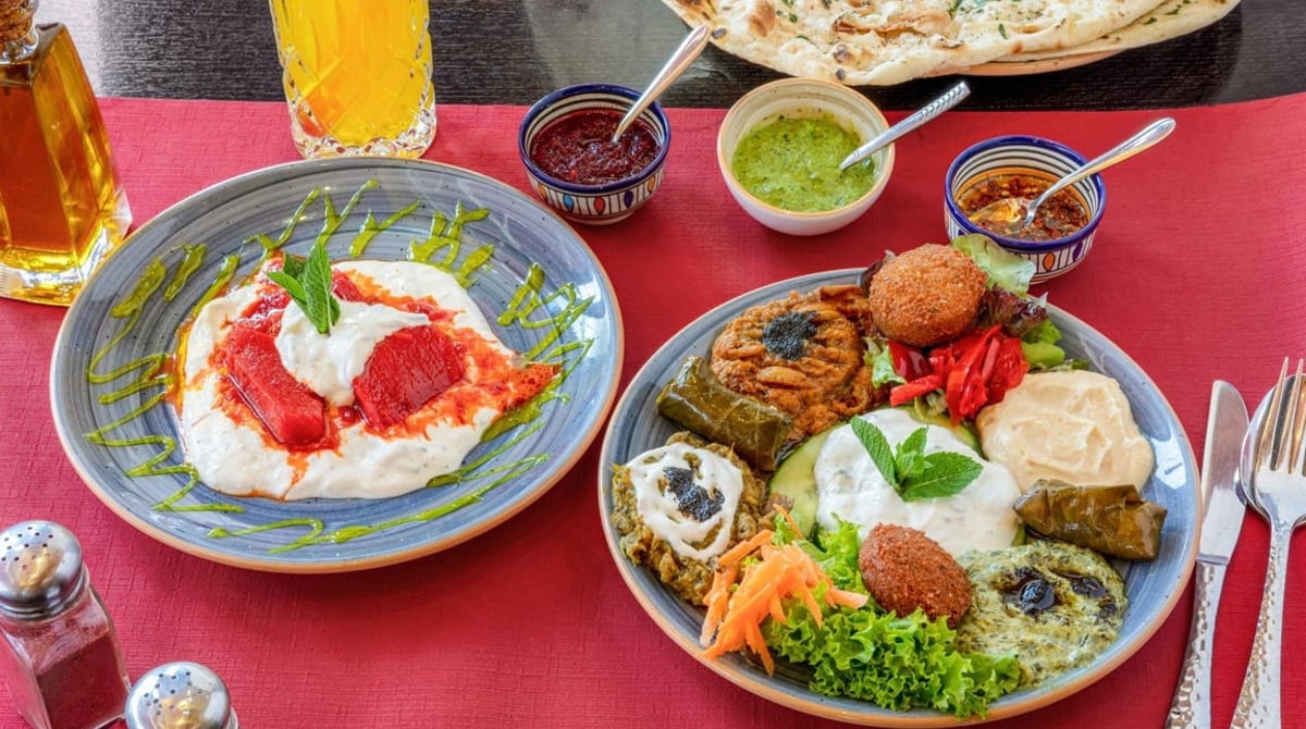 Vorspeisenplatte mit Hummus, Falafel, Weinblättern und Naan im Shandiz