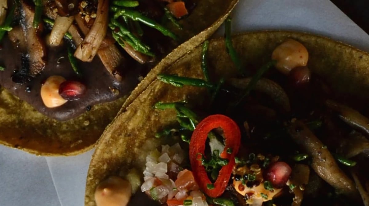 Zwei Tacos mit gebratenen Pilzen, Bohnenpaste, Pico de Gallo und Chili in Nahaufnahme