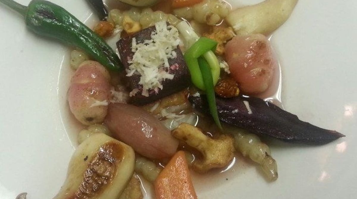 Teller mit buntem Wurzelgemüse, Pilzen und Sauce