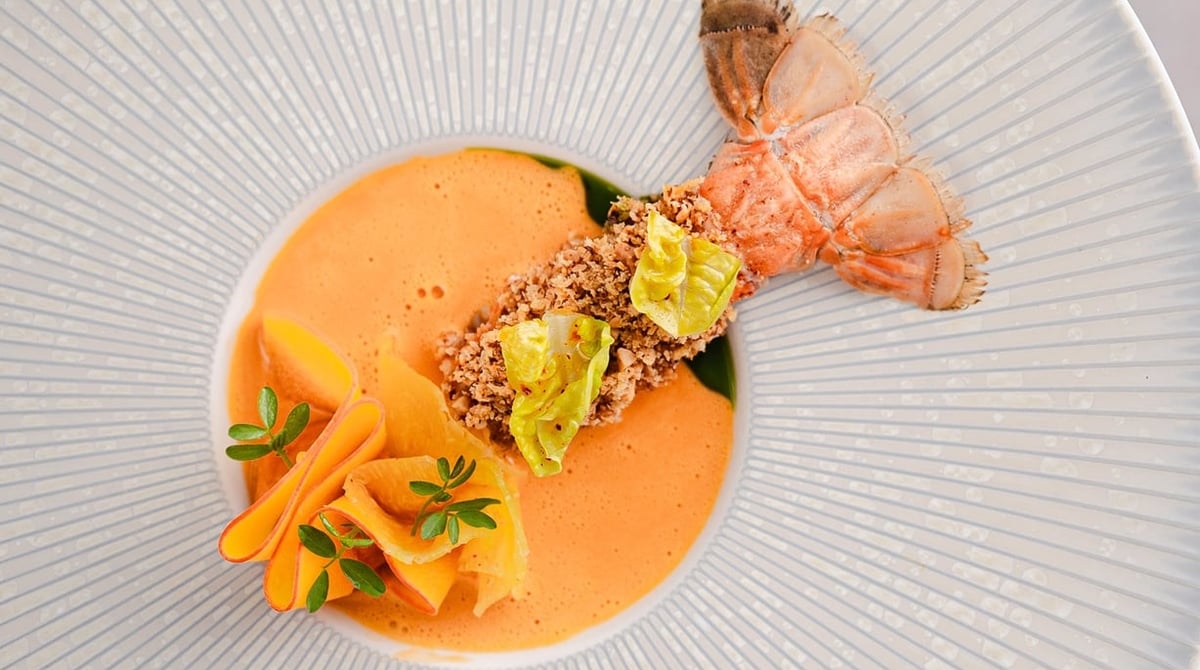 Kaisergranat mit orangefarbener Sauce und Gemüse auf einem hellen Teller